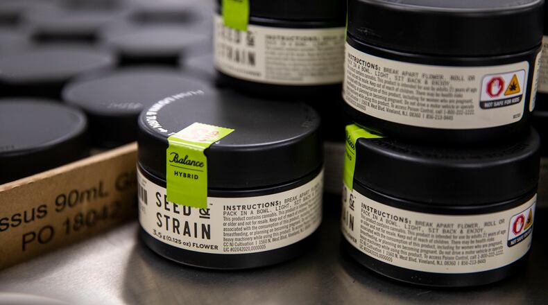 One of the brands Seed & Strain containing 3.5 grams (1/8 ounce) of buds, or flowers, in the packaging area at Columbia Care in Vineland, New Jersey. (Tyger Williams/The Philadelphia Inquirer/TNS)