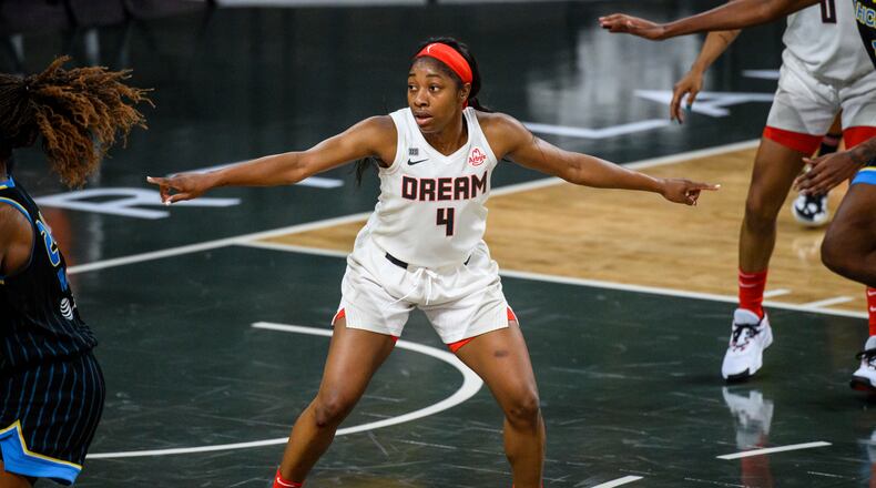 Atlanta Dream guard Aari McDonald scored 12 points in the victory Sunday. (AP Photo/Danny Karnik)