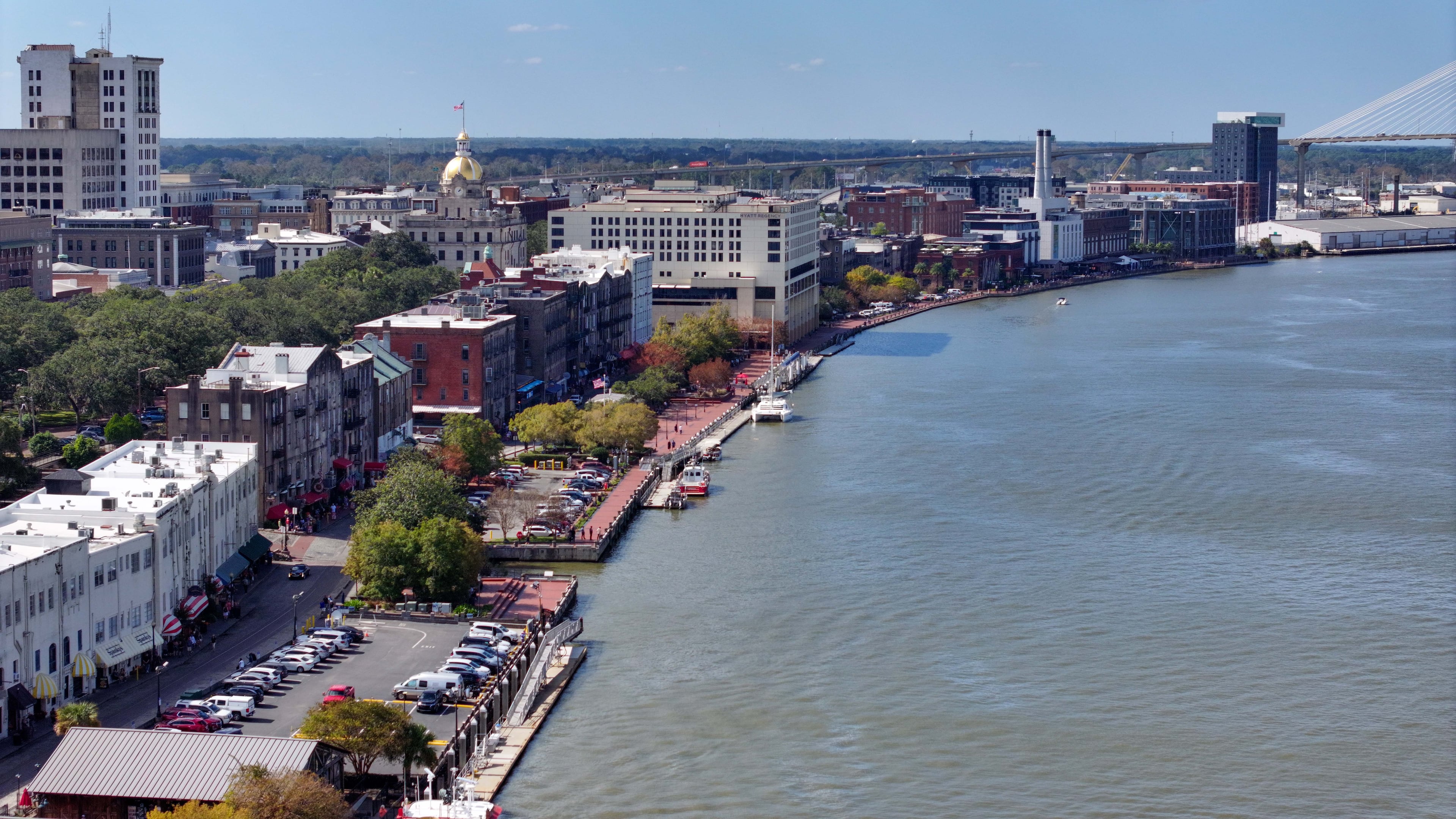 In this aerial image, the eastern end of the Savannah Riverwalk is visible, with Savannah City Hall in the background.
(Miguel Martinez / AJC)