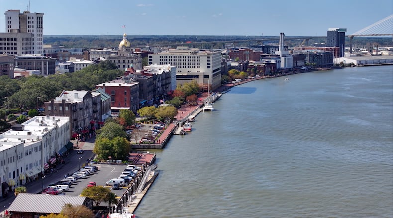 In this aerial image, the eastern end of the Savannah Riverwalk is visible, with Savannah City Hall in the background. (Miguel Martinez/AJC)