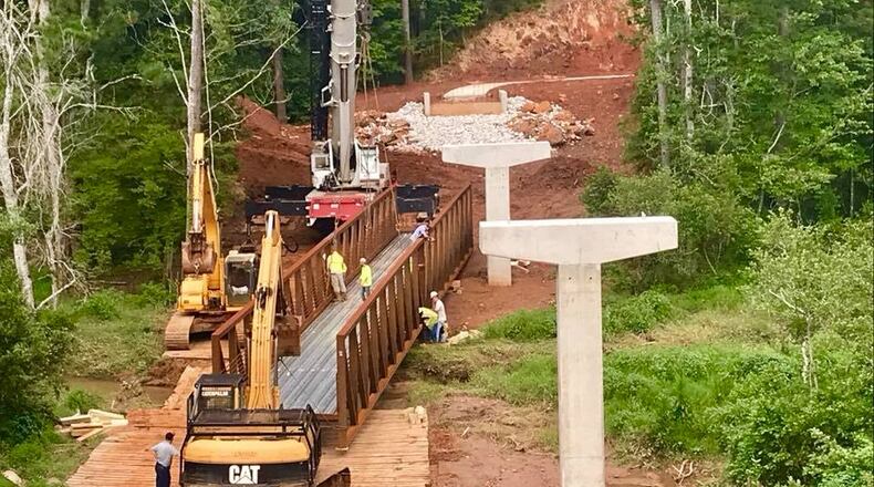 Progress is continuing on the Battlefield Trail bridge in Dallas in Paulding County with completion of this first phase scheduled by the end of August and the second phase from the bridge to Sara Babb Park by next year. Courtesy of city of Dallas