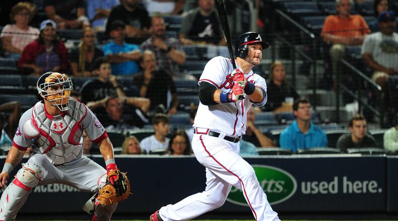 A. J. Pierzynski #15 of the Atlanta Braves hits a fourth inning two-run home run against the Washington Nationals at Turner Field on July 1, 2015 in Atlanta, Georgia. (Photo by Scott Cunningham/Getty Images)