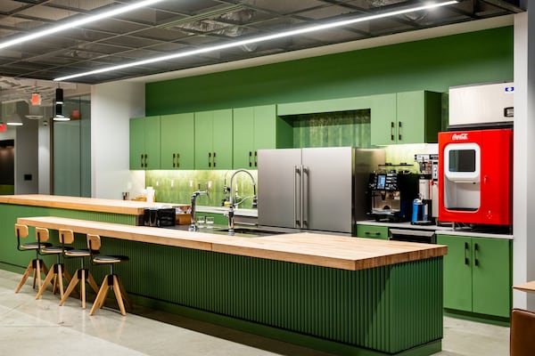 A kitchen in a central gathering space at Shake Shack's new metro Atlanta office. It's also building out an innovation kitchen there for training and demonstrations. (Courtesy of Shake Shack)