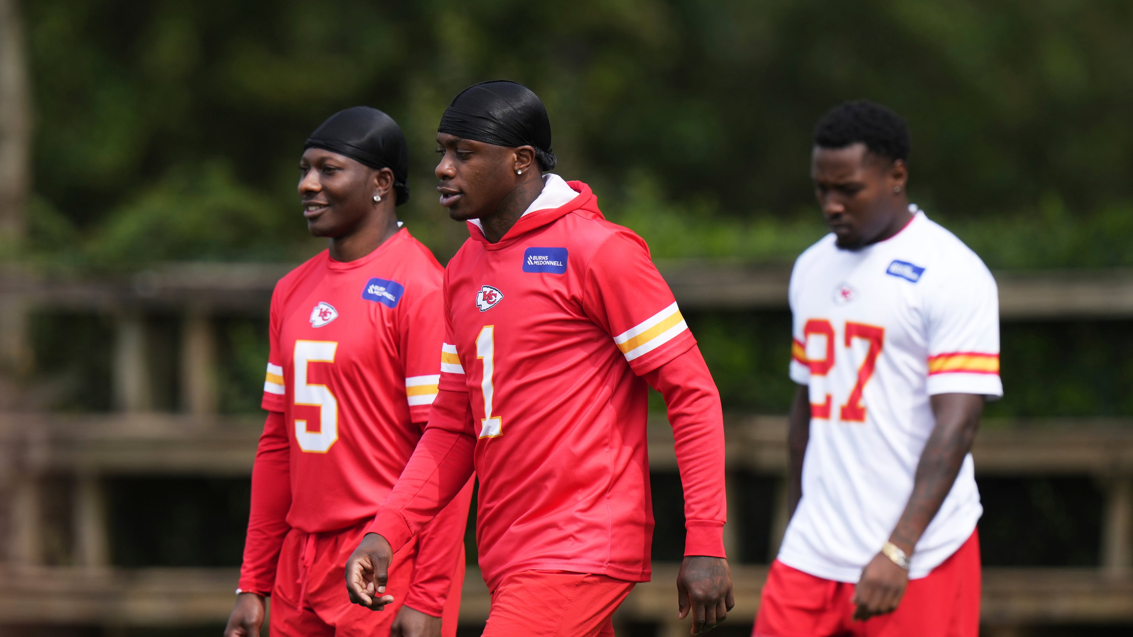 From left, Kansas City Chiefs wide receiver Marquise "Hollywood" Brown, wide receiver Xavier Worthy and safety Chamarri Conner arrive for a training session prior to a NFL football game against Los Angeles Chargers in Sao Paulo, Brazil, Thursday, Sept. 4, 2025. (AP Photo/Fernando Llano)