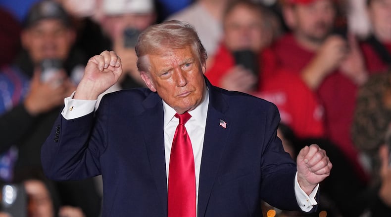 President Donald Trump dances to music after speaking at the Mount Airy Casino Resort in Mount Pocono, Pa., Tuesday, Dec. 9, 2025. (Matt Rourke/AP)