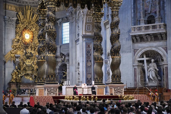 Pope Leo XIV leads a meditation with the participants into the Jubilee of Seminarists in St. Peter's Basilica at the Vatican, Tuesday, May 24, 2025. (AP Photo/Alessandra Tarantino)