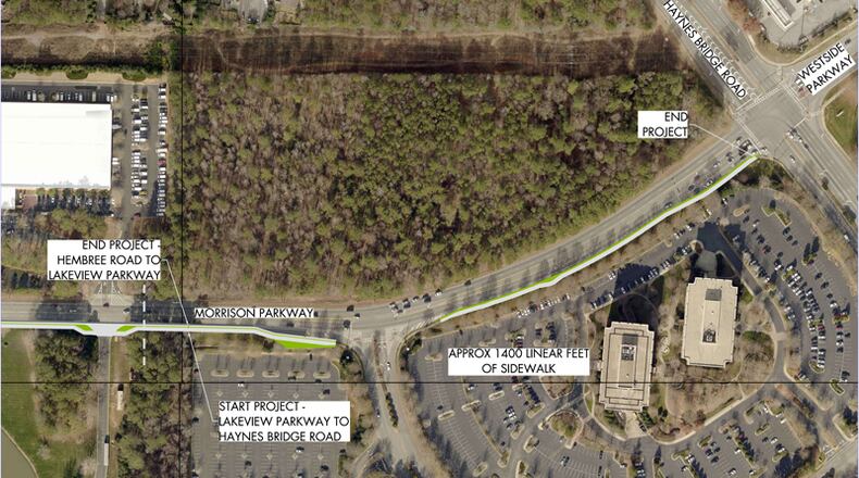 Photo illustration depicts a portion of a 3,300-foot-long sidewalk project for Morrison Parkway between Hembree and Haynes Bridge roads in Alpharetta. CITY OF ALPHARETTA