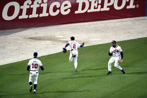 OCTOBER 28, 1995 ATLANTA Braves' Rafeal Belliard catches a foul ball in the 9th inning of World Series Game Six, 1995 DAVID TULIS/AJC STAFF