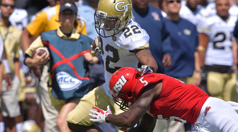 September 9, 2017 Atlanta - Georgia Tech running back Clinton Lynch (22) runs down the sidelines until he is pushed out by Jacksonville State cornerback Siran Neal (5) in the first half of the Georgia Tech home opener at Bobby Dodd Stadium on Saturday, September 9, 2017. HYOSUB SHIN / HSHIN@AJC.COM