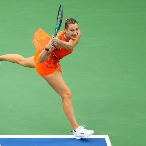 Aryna Sabalenka, of Belarus, returns the ball to Taylor Townsend, of the United States, during the fourth round of the U.S. Open tennis championships Sunday, Sept. 6, 2026, in New York. (AP Photo/Yuki Iwamura)