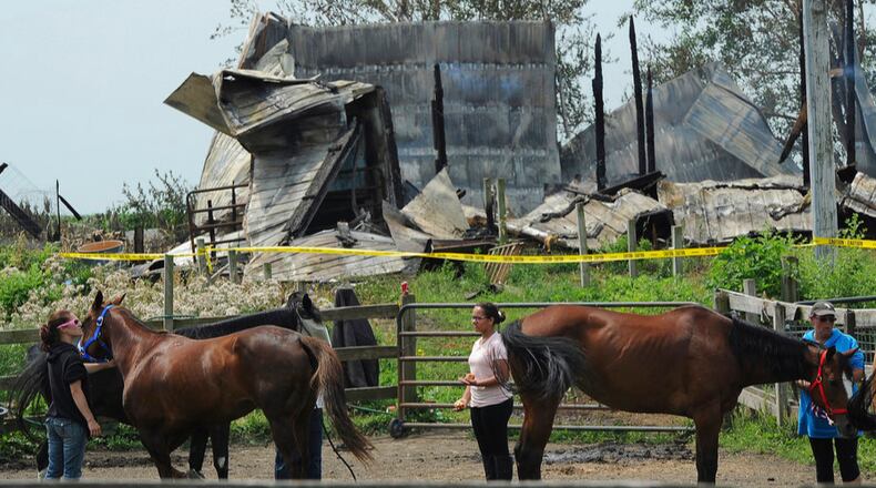 Horse owners from around the area tend to the horses that survived a massive stable fire early Wednesday, July 5, 2017 in Plainfield, Ill. Authorities say the horses died and two people were hurt after a morning blaze struck a horse-boarding barn in the southwestern Chicago suburbs. Plainfield Deputy Fire Chief Jon Stratton says 30 horses were in the barn when the fire started but a dozen survived because owners and firefighters were able to let them out. The cause of the blaze is under investigation. (Mark Welsh/Daily Herald via AP)