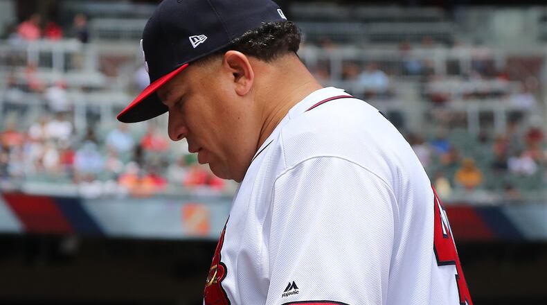 It’s been a terrible early season for Braves pitcher Bartolo Colon, who has an ERA over 10.00 in his past eight starts and lasted fewer than six innings in each. (Curtis Compton/AJC file photo)