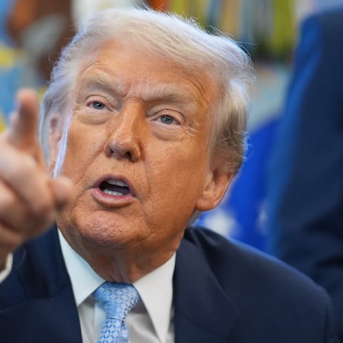President Donald Trump answers questions from reporters during a meeting with the White House task force on the 2026 FIFA World Cup in the Oval Office of the White House, Monday, Nov. 17, 2025, in Washington. (AP Photo/Evan Vucci)
