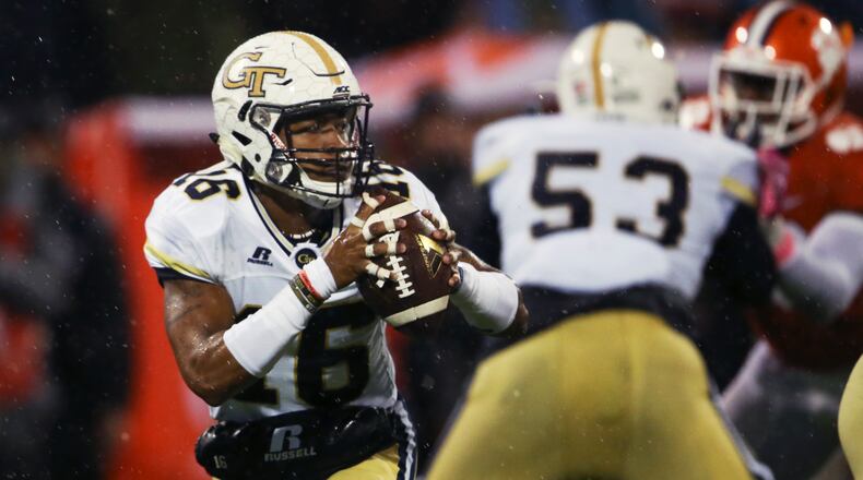 Georgia Tech quarterback TaQuon Marshall (16) looks to pass in the first half of an NCAA college football game against Clemson, Saturday, Oct. 28, 2017, in Clemson, S.C. (AP Photo/John Bazemore)