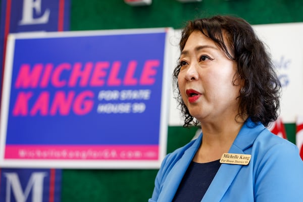 Democrat Michelle Kang, who is running for state representative in House District 99, speaks at a news conference at a Democratic campaign office in Norcross on Wednesday, Oct. 2, 2024. (Arvin Temkar/AJC)