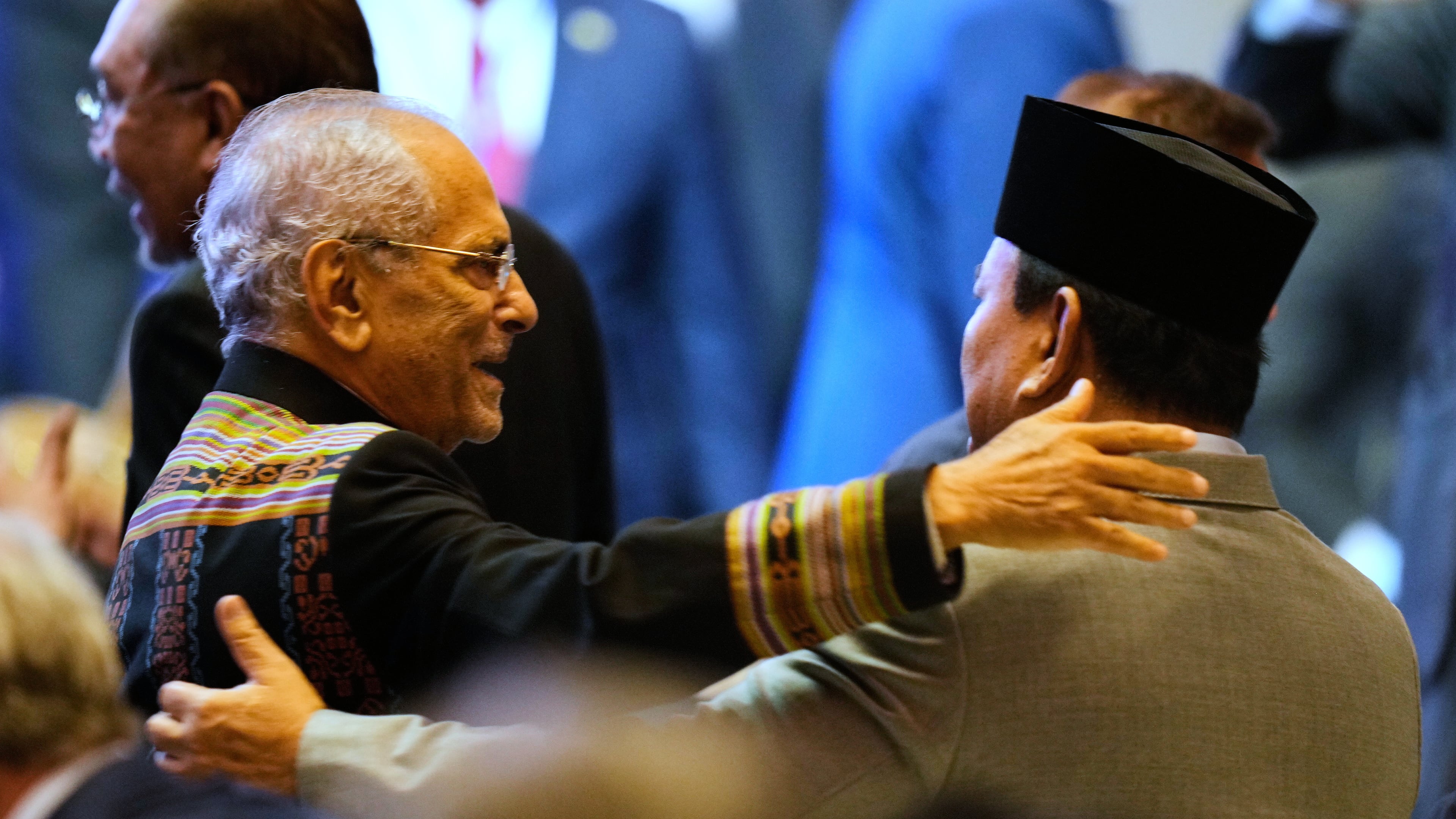 East Timor's President Jose Ramos-Horta, left, and Indonesian President Prabowo Subianto greet each other during the 47th ASEAN summit opening ceremony in Kuala Lumpur, Malaysia, Sunday, Oct. 26, 2025. (AP Photo/Vincent Thian)