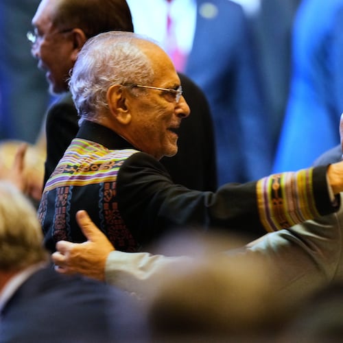 East Timor's President Jose Ramos-Horta, left, and Indonesian President Prabowo Subianto greet each other during the 47th ASEAN summit opening ceremony in Kuala Lumpur, Malaysia, Sunday, Oct. 26, 2025. (AP Photo/Vincent Thian)