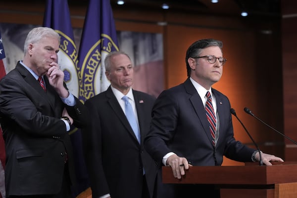 Speaker of the House Mike Johnson, R-La., joined from left by House Majority Whip Tom Emmer, R-Minn., and House Majority Leader Steve Scalise, R-La., talks to reporters about his push for a House-Senate compromise budget resolution to advance President Donald Trump's agenda, even with opposition from hard-line conservative Republicans, at the Capitol in Washington, Tuesday, April 8, 2025. (AP Photo/J. Scott Applewhite)