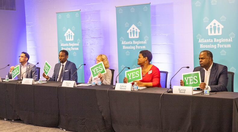 The Atlanta Regional Mayoral Forum, moderated by Bill Bolling, is centered around Atlanta's housing challenges and takes place in two parts Wednesday, Oct 6, 2021.  Candidates in the first set of questions, shown here, include Atlanta City Councilman Antonio Brown, from left, councilman Andre Dickens, attorney Sharon Gay, council president Felicia Moore and former mayor Kasim Reed. The second group of candidates include Kirsten Dunn, Nolan English, Mark Hammad, Kenny Hill, Rebecca King,  Roosevelt Searles III, Richard Wright.  (Jenni Girtman for The Atlanta Journal-Constitution)