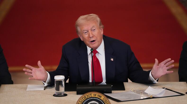 President Donald Trump speaks during a roundtable discussion on college sports in the East Room of the White House, Friday, March 6, 2026, in Washington. (AP Photo/Julia Demaree Nikhinson)