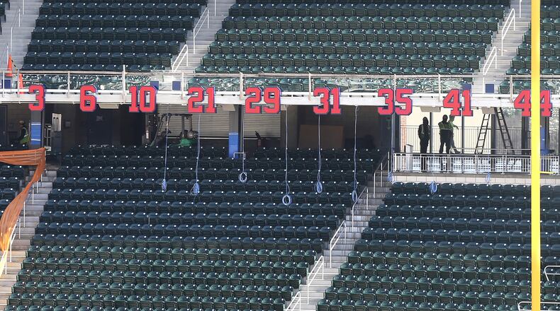 Seats have been installed and retired jersey numbers have been hung in the outfield at the new Braves stadium SunTrust Park.