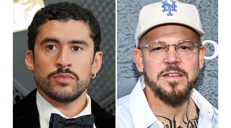 Bad Bunny appears at the 68th annual Grammy Awards in Los Angeles on Feb. 1, 2026, left, and René Pérez Joglar, also known as Residente, appears at the premiere of "Caught Stealing" in New York on Aug. 26, 2025. (AP Photo)