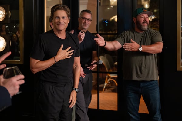 Rob Lowe plays himself on Netflix's "Free Bert"  obsessed with Bert Kreischer taking his shirt off. While most of the series was shot in Atlanta, Lowe shot his scenes in Santa Barbara, California. (Courtesy of John P. Fleenor/Netflix)