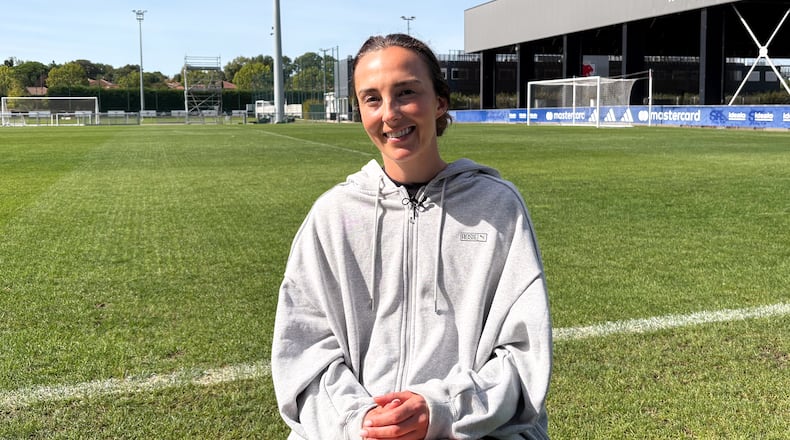 OL Lyonnes midfielder Caroline Weir sits down for an interview at the club's training ground ahead of the start of the Women's Champions League, Monday, Sept. 21, 2026, in Lyon, France. (AP Photo/Jerome Pugmire)