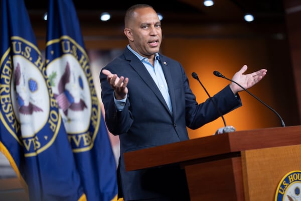 House Minority Leader Hakeem Jeffries, D-N.Y., speaks about President Donald Trump's policies and the GOP's tax and spending cut bill that passed this month, during a news conference at the Capitol in Washington, Monday, July 14, 2025. (AP Photo/J. Scott Applewhite)