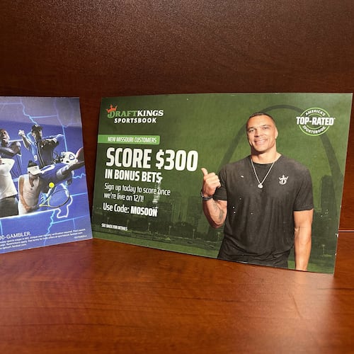 Promotional fliers advertising sports betting are seen Friday, Nov. 21, 2025, in Jefferson City, Mo. (AP Photo/David A. Lieb)