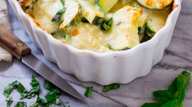 Sunday’s Zucchini Casserole au Gratin accompanies roast chicken. Contributed by Katie Webster