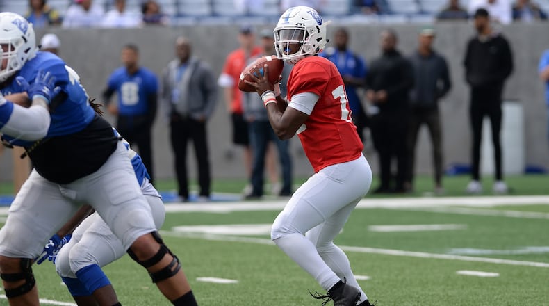 Quarterback Dan Ellington, a junior college transfer, was 21-for-24 for 249 yards with four touchdown passes in the Georgia State spring football game April 7, 2018, at Georgia State Stadium.