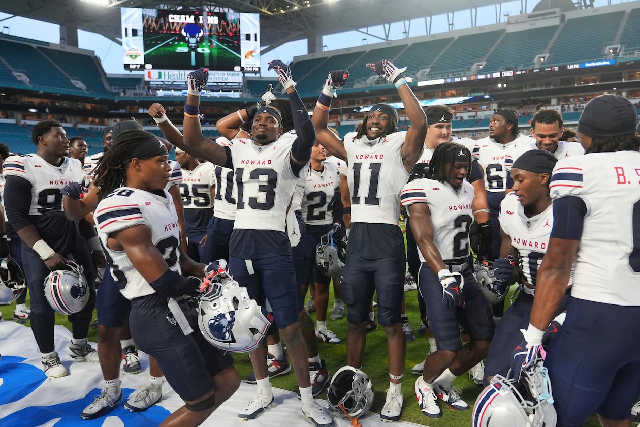 Howard players celebrate after defeating Florida A&M in the Orange Blossom Classic NCAA college football game, Aug. 30, 2025, in Miami Gardens, Fla. (Lynne Sladky/AP File)