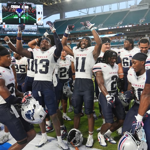Howard players celebrate after defeating Florida A&M in the Orange Blossom Classic NCAA college football game, Aug. 30, 2025, in Miami Gardens, Fla. (Lynne Sladky/AP File)