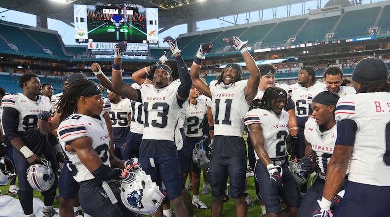 Howard players celebrate after defeating Florida A&M in the Orange Blossom Classic NCAA college football game, Aug. 30, 2025, in Miami Gardens, Fla. (Lynne Sladky/AP File)