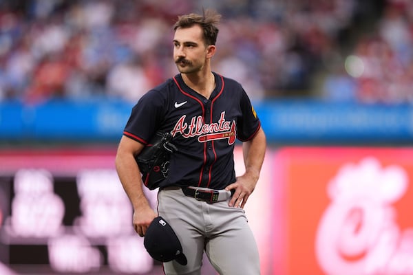 Braves starter Spencer Strider reacts after hitting the Phillies' Bryce Harper with a pitch during the first inning Tuesday.