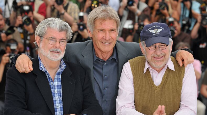 CANNES, FRANCE - MAY 18: (L-R) Director/producer George Lucas, actor Harrison Ford and Director Steven Spielberg pose at the Indiana Jones and The Kingdom of The Crystal Skull - photocall at the Palais des Festivals during the 61st International Cannes Film Festival on May 18 , 2008 in Cannes, France. (Photo by Pascal Le Segretain/Getty Images)