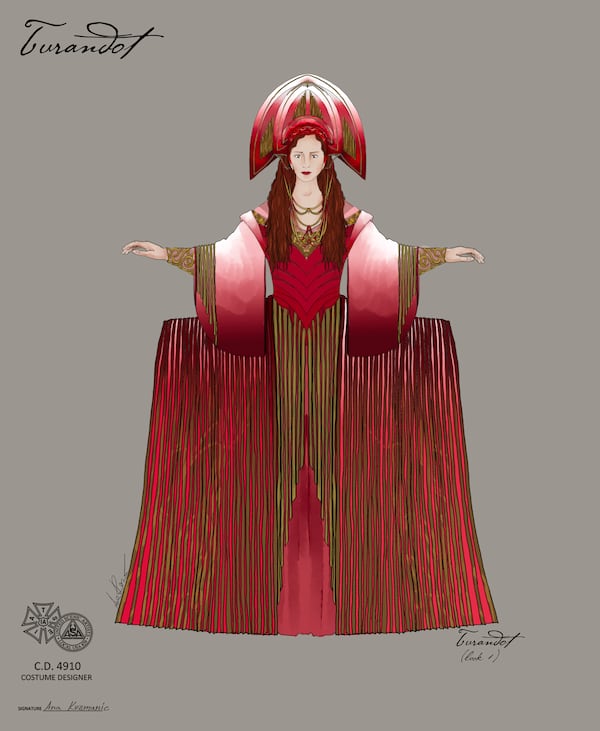 Turandot’s costume for the Atlanta Opera’s upcoming performances is shown in this rendering. A motif of “power to freedom” will be reflected in the set design and costuming. (Courtesy of costume designer Ana Kuzmanić)