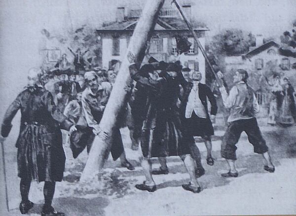 The Liberty Boys met at Tondee's Tavern, located on what today is Broughton Street. The group led Georgia's push for independence despite many members being the sons of English loyalists. They erected Liberty Poles, like the one depicted here, as a sign of protest against the crown.
(Courtesy of Georgia Historical Society)