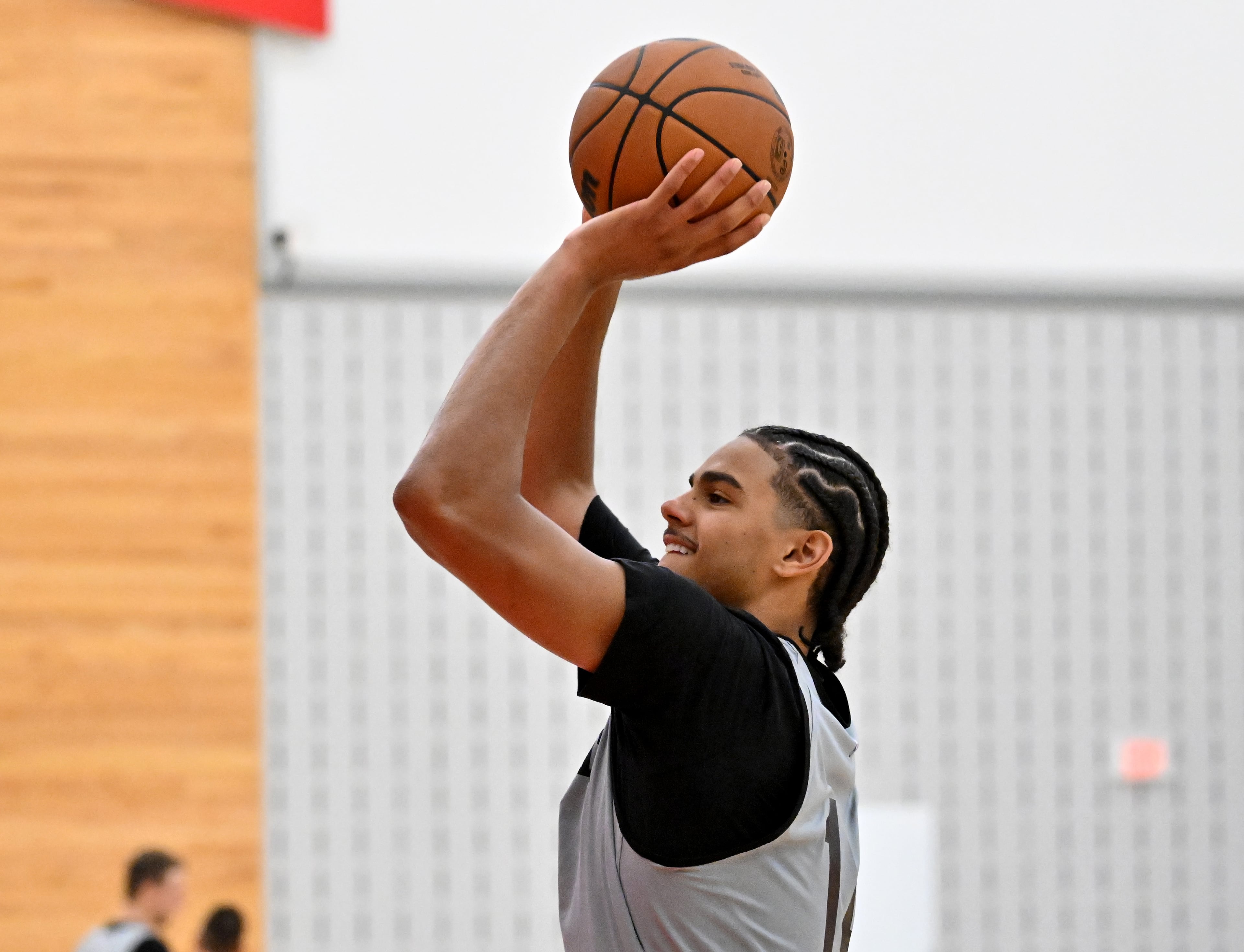 Hawks forward Asa Newell takes a shot during the first day of training camp at the Emory Sports Medicine Complex on Tuesday, Sept. 30, 2025, in Brookhaven. (Hyosub Shin/AJC)