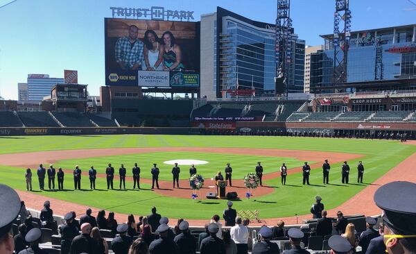 The funeral for Smyrna Officer Christopher Ewing was held at Truist Park. Ewing, 34, was killed in a car crash April 20, 2020.