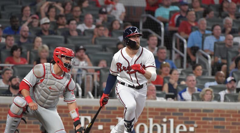 September 21, 2018 Atlanta - Atlanta Braves center fielder Ender Inciarte (11) hits a RBI double during the 7th inning in a MLB baseball game at SunTrust Park on Friday, September 21, 2018. Atlanta Braves won 6-5 over the Philadelphia Phillies. HYOSUB SHIN / HSHIN@AJC.COM