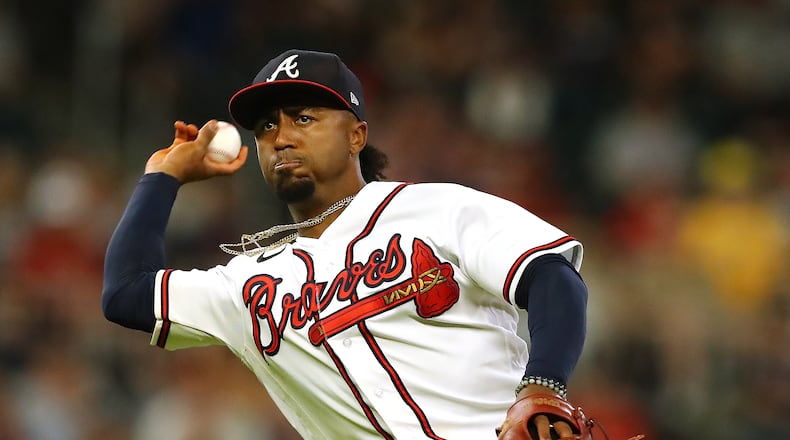 Ozzie Albies injured himself Monday night on a fifth-inning swing that resulted in a groundout to the shortstop. The Braves said he fractured his left foot. (Curtis Compton / Curtis.Compton@ajc.com)