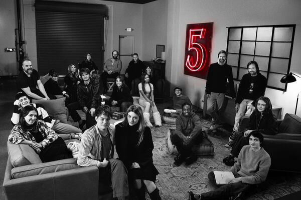 Noah Schnapp (from left), Millie Bobby Brown, David Harbour, Winona Ryder, Cara Buono, Joe Keery, Amybeth McNulty, Charlie Heaton,  Brett Gelman, Maya Hawke, Natalia Dyer, Jamie Campbell Bower, Priah Ferguson, Linda Hamilton, Gaten Matarazzo, Caleb McLaughlin, Ross Duffer, Matt Duffer, Finn Wolfhard and Sadie Sink of "Stranger Things." Atsushi Nishijima/Netflix © 2024