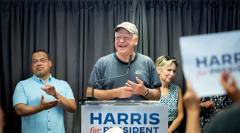FILE — Gov. Tim Walz of Minnesota at a Harris for President canvassing kickoff event in St. Paul on Saturday, July 27, 2024. Walz has enjoyed a groundswell of support online from users commenting on his Midwestern “dad vibes” and appealing ordinariness. (Caroline Yang/The New York Times)
