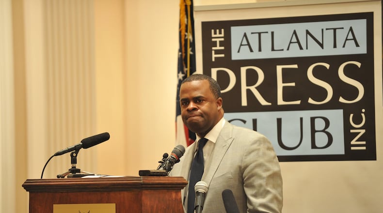 Atlanta Mayor Kasim Reed speaks at the Atlanta Press Club luncheon Friday January 31,2014 at the Capital City Club. Reed continues to field questions about the city’s response to severe weather that crippled much of area earlier this week. BRANT SANDERLIN /BSANDERLIN@AJC.COM