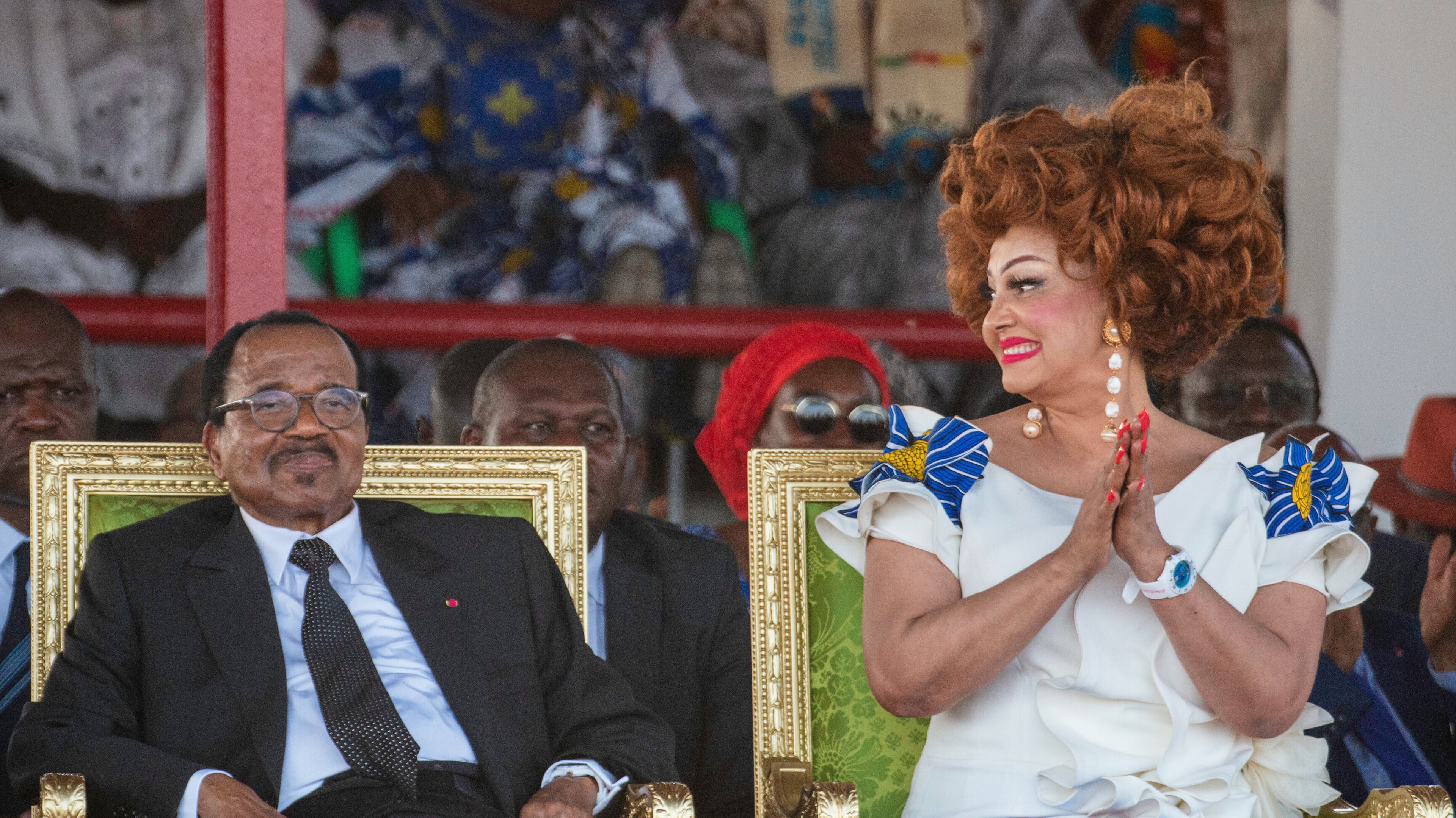 Cameroon's President Paul Biya and First Lady Chantal Biya attend a political rally at Lamido Yaya Dairou Stadium in Maroua, Cameroon, Tuesday, Oct. 7, 2025. (AP Photo/Welba Yamo Pascal)