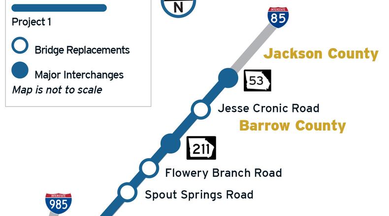 Lane closures continue on I-85 between State Route 211 and Hamilton Mill Road in Braselton the week of Sept. 23 through Sept. 30 as crews continue construction activity in Barrow and Gwinnett counties for the I-85 widening project. Courtesy GDOT