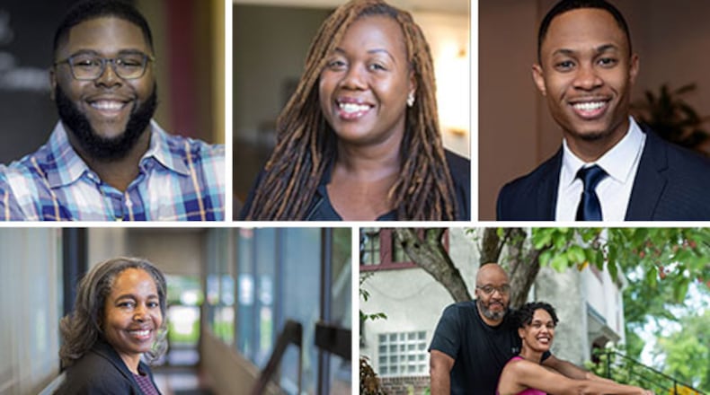 Programs during Emory’s 2021 observance of Black History Month will feature (clockwise from top left) Anthony Jack; Jessica Stewart; Taos Wynn; Kevin L. Gilliam and Iesha Galloway-Gilliam; Valerie Babb; and more.