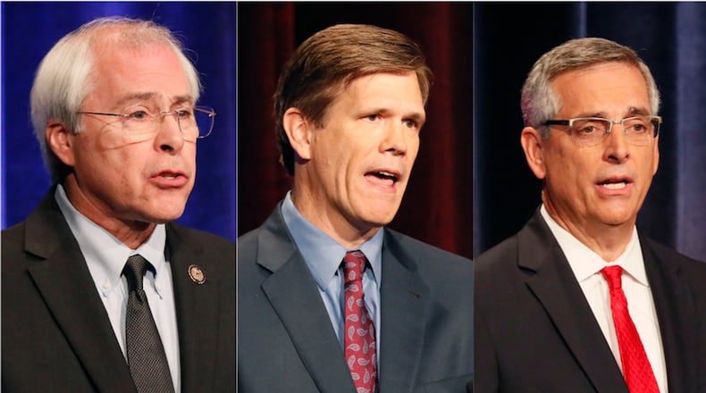 Three candidates for Georgia secretary of state will face off in the Nov. 6, 2018. From left: Democrat John Barrow, Libertarian Smythe DuVal and Republican Brad Raffensperger. BOB ANDRES / BANDRES@AJC.COM